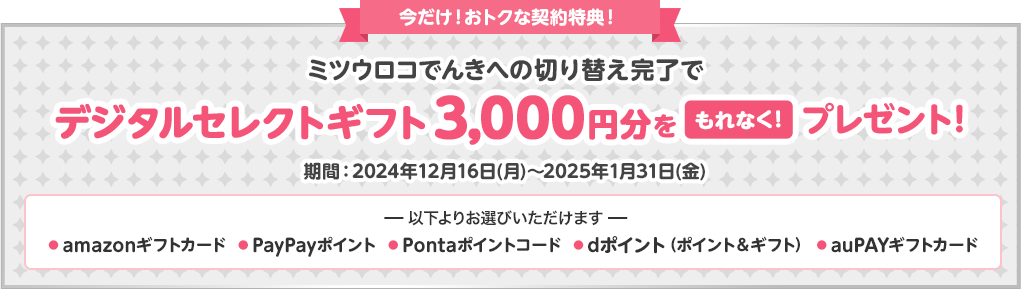 ミツウロコでんきへの切り替え完了でデジタルセレクトギフト3,000円分をもれなくプレゼント！！