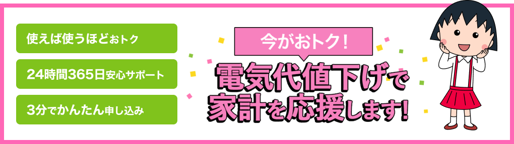 使えば使うほどおトク 24時間365日安心サポート 3分でかんたん申し込み 今がおトク! 電気代値下げで家計を応援します!