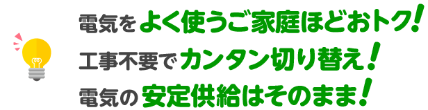 電気をよく使うご家庭ほどおトク! 工事不要でカンタン切り替え! 電気の安定供給はそのまま!