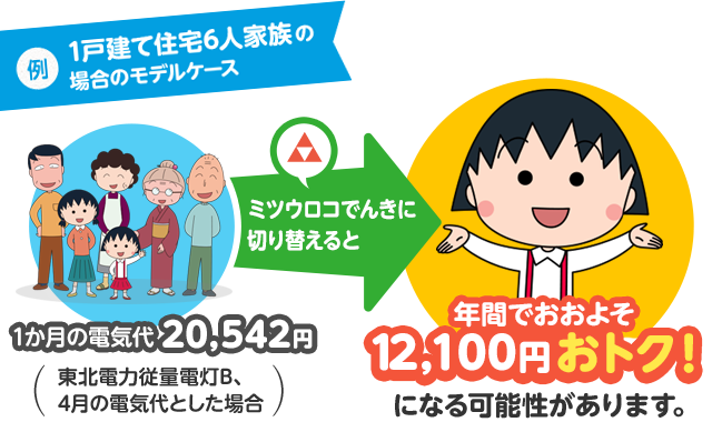 例　一戸建て住宅6人家族の場合のモデルケース　一ヶ月の電気代20,652円（東北電力従量電灯B、4月の電気代とした場合）　ミツウロコでんきに切り替えると　年間でおおよそ12,200円おトク！になる可能性があります。