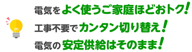 電気をよく使うご家庭ほどおトク! 工事不要でカンタン切り替え! 電気の安定供給はそのまま!